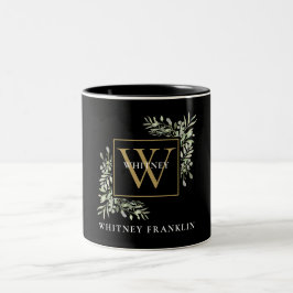 Elegante zwarte gouden monogram Eucalyptus groen Tweekleurige Koffiemok