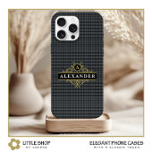 Elegante Zwarte Gouden Monogram Glen Plaid iPhone 15 Case