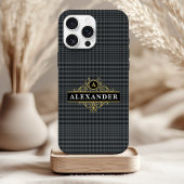 Elegante Zwarte Gouden Monogram Glen Plaid iPhone 15 Case