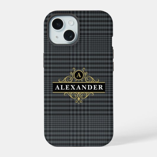 Elegante Zwarte Gouden Monogram Glen Plaid iPhone 15 Case (Achterkant)