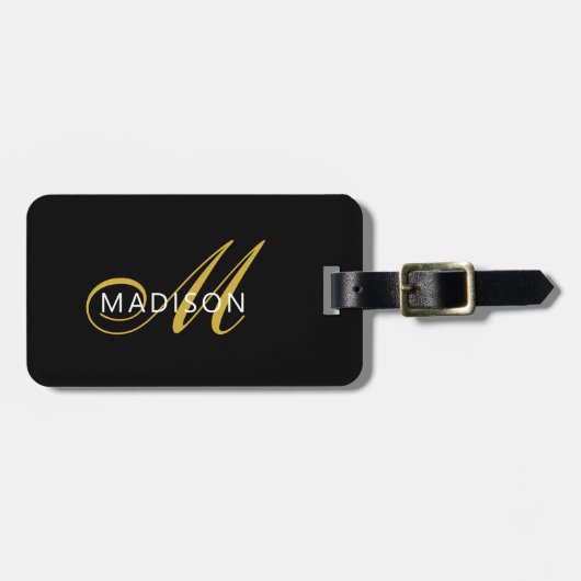 Elegante Zwarte Gouden Monogram Initiaal in Script Bagagelabel (Voorkant horizontaal)