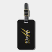 Elegante Zwarte Gouden Monogram Initiaal in Script Bagagelabel (Voorkant verticaal)
