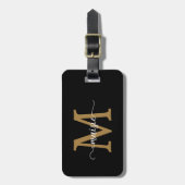 Elegante Zwarte Gouden Monogram Initiaal Script Na Bagagelabel (Voorkant verticaal)