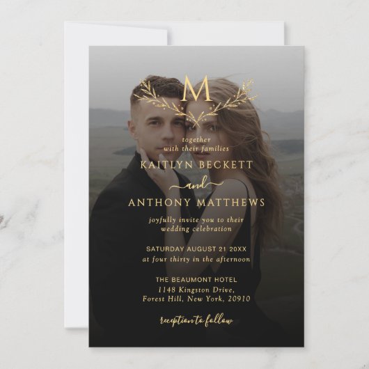 Elegante Zwarte & Gouden Monogram Krans Foto Bruil Kaart (Voorkant)