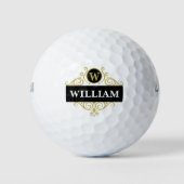 Elegante zwarte gouden monogram naam initiaal golfballen (Voorkant)