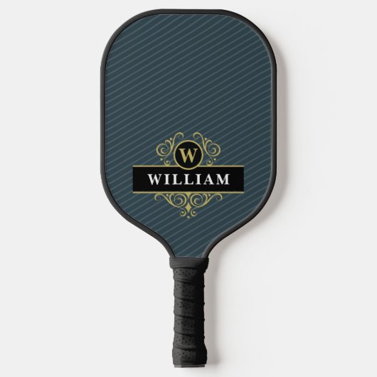 Elegante zwarte gouden monogram pinstripes pickleball paddle (Voorkant)