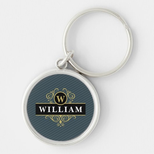 Elegante zwarte gouden monogram pinstripes sleutelhanger (Voorkant)