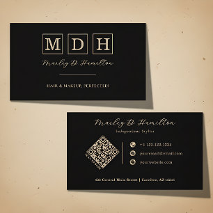 Elegante zwarte gouden monogram QR-code Visitekaartje
