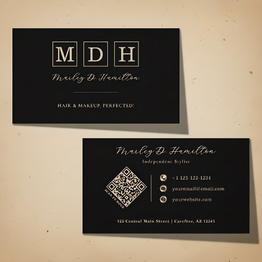 Elegante zwarte gouden monogram QR-code Visitekaartje