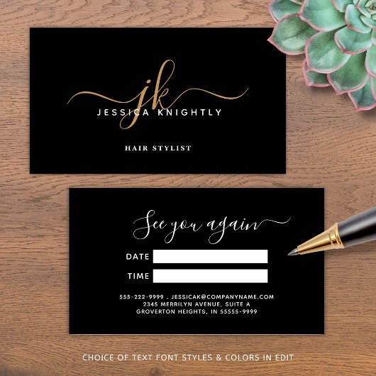 Elegante Zwarte Gouden Monogram Script Afspraak Afsprakenkaartje