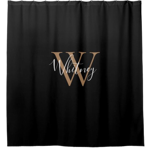 Elegante Zwarte Gouden Monogram Script Naam Douchegordijn (Voorkant)