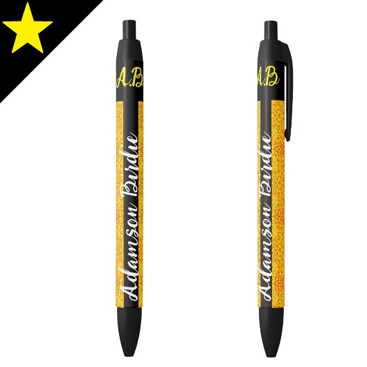 Elegante Zwarte Gouden Monogram Script Naam, Luxe Zwarte Inkt Pen