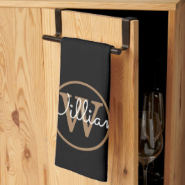Elegante Zwarte Gouden Monogram Script Theedoek