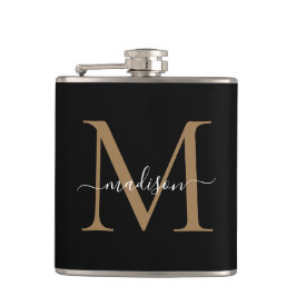 Elegante Zwarte Gouden Monogram Stijlvolle Script Heupfles