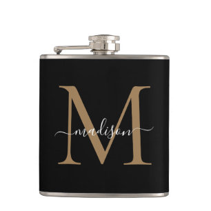 Elegante Zwarte Gouden Monogram Stijlvolle Script  Heupfles