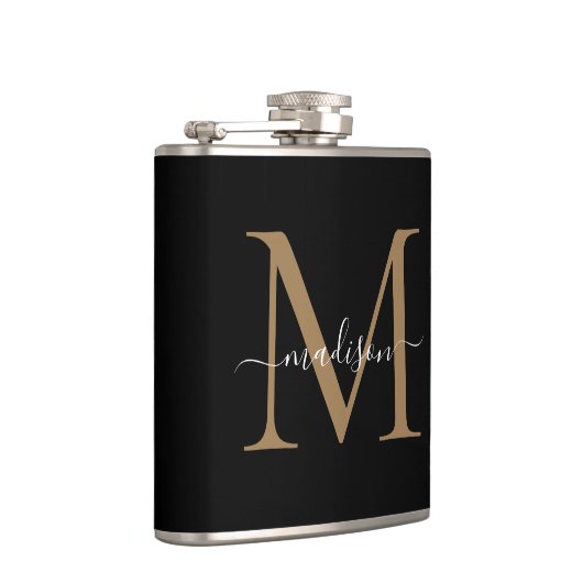 Elegante Zwarte Gouden Monogram Stijlvolle Script  Heupfles (Rechts)