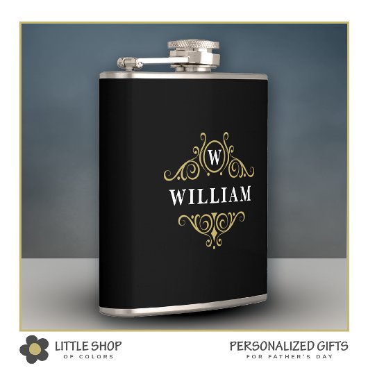 Elegante zwarte gouden monogramfles heupfles