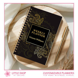 Elegante Zwarte Gouden Paisley Aanpasbaar Planner