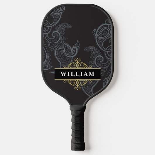 Elegante Zwarte Gouden Paisley Monogram Pickleball Paddle (Voorkant)