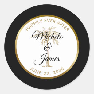 Elegante Zwarte Gouden Palmboom Tropische Bruiloft Ronde Sticker