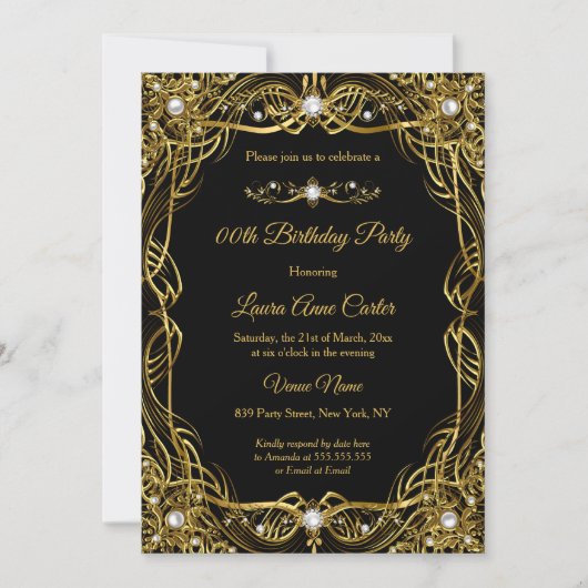 Elegante Zwarte Gouden Parel Damast Verjaardag Kaart (Voorkant)