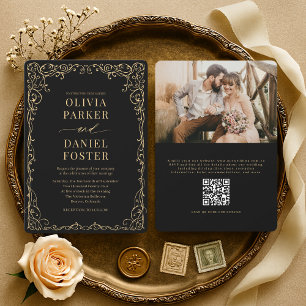 Elegante Zwarte Gouden QR Code Foto Bruiloft Kaart