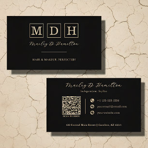 Elegante Zwarte Gouden QR Code Kapper Visitekaartje