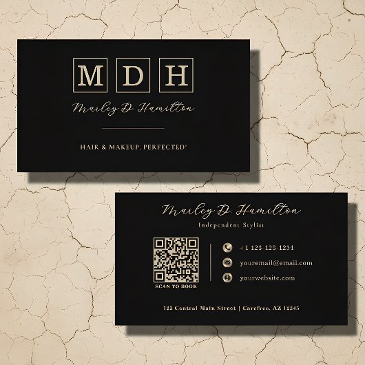 Elegante Zwarte Gouden QR Code Kapper Visitekaartje