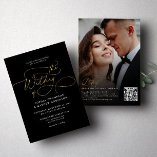 Elegante Zwarte Gouden QR Code Rsvp Foto Bruiloft Kaart