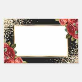 Elegante Zwarte Gouden Rode Roos Bloem Naamlabel Rechthoekige Sticker