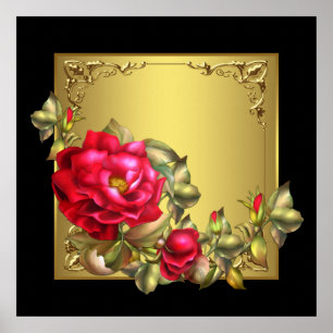 Elegante zwarte gouden rode roos kunstprint poster
