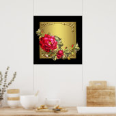 Elegante zwarte gouden rode roos-kunstprint poster (Keuken)