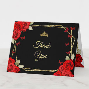 Elegante Zwarte Gouden Rode Rozen Quinceanera Bedankkaart