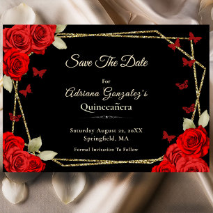 Elegante Zwarte Gouden Rode Rozen Quinceanera Save The Date
