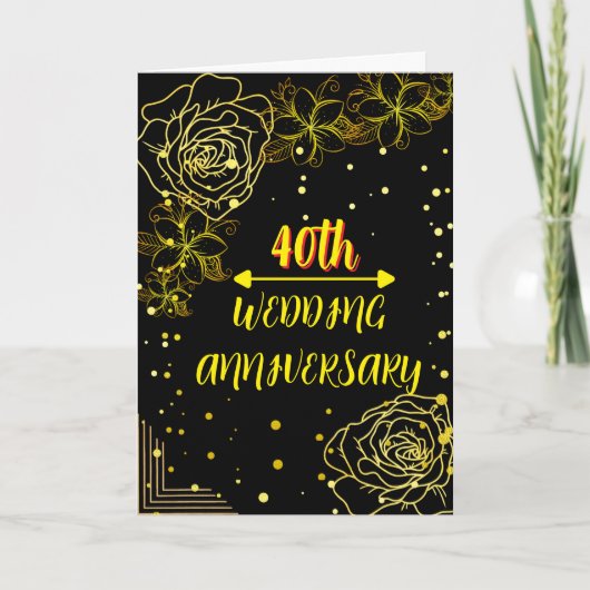 Elegante Zwarte Gouden Rozen 40ste Huwelijksjubile Kaart (Voorkant)