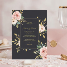Elegante Zwarte & Gouden Rozen Trouwuitnodiging
