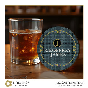 Elegante zwarte gouden ruitmotief met monogram ronde kartonnen onderzetter