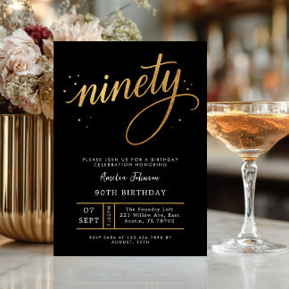 Elegante zwarte & gouden script 90ste verjaardag kaart