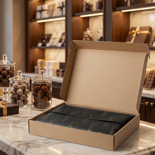 Elegante Zwarte Gouden Script Chocolatier Qr Code Tissuepapier