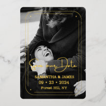 Elegante Zwarte Gouden Script Foto Save the Date 