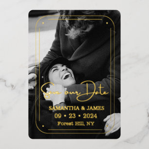 Elegante Zwarte Gouden Script Foto Save the Date  Folie Uitnodiging