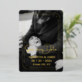 Elegante Zwarte Gouden Script Foto Save the Date Folie Uitnodiging (Staand Voorkant)