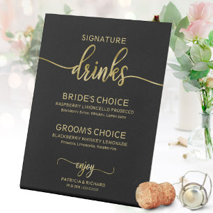 Elegante zwarte gouden script handtekening drankje reclamebord met voetstuk