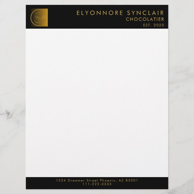 Elegante Zwarte Gouden Script Logo Chocolatier Briefhoofd (Voorkant)