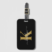 Elegante zwarte gouden script monogram bagagelabel (Voorkant (verticaal))