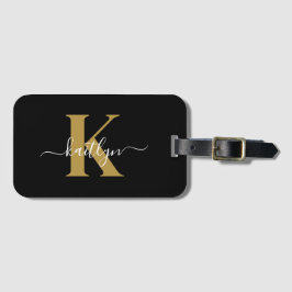 Elegante zwarte gouden script monogram bagagelabel