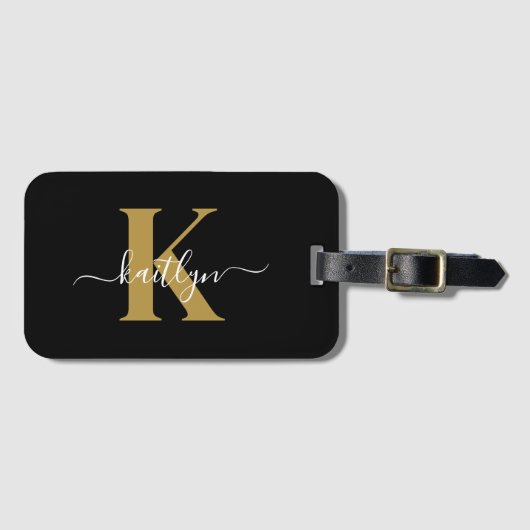 Elegante zwarte gouden script monogram bagagelabel (Voorkant (horizontaal))