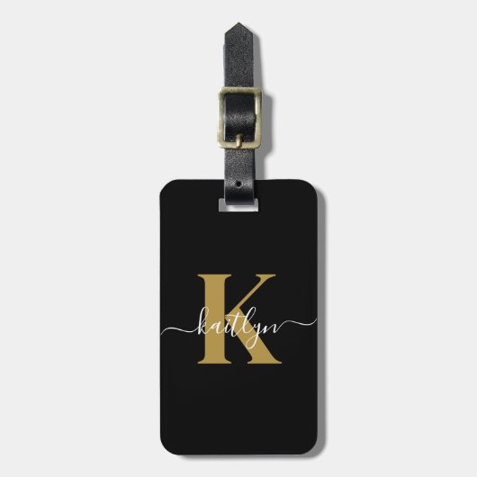 Elegante zwarte gouden script monogram bagagelabel (Voorkant verticaal)