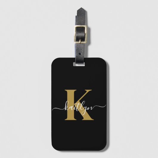 Elegante zwarte gouden script monogram bagagelabel (Voorkant (verticaal))