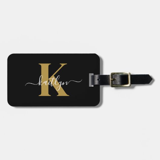 Elegante zwarte gouden script monogram bagagelabel (Voorkant horizontaal)